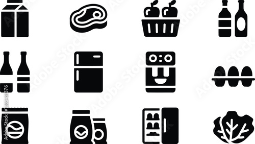 A diverse selection of black silhouette icons illustrating various food and drink products