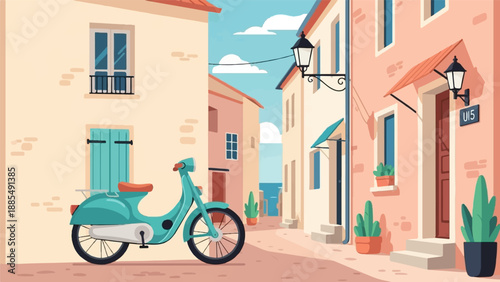 Charming street scene with a vintage scooter and colorful buildings