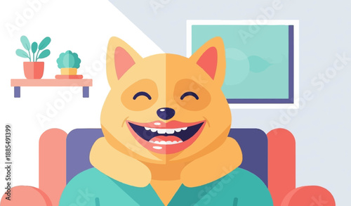 Cheerful anthropomorphic dog sits comfortably on a couch in a cozy room