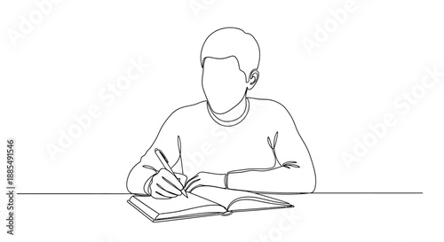 Man Writing in Notebook with Pen.