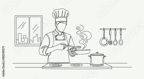 Chef Cooking with Mask in Kitchen.