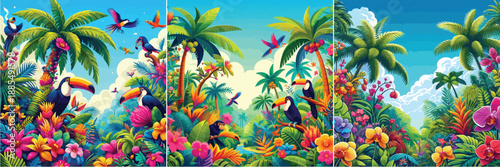Set of colorful tropical forest vector illustrations