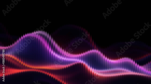 Photography Vibrant sound waves in purple and red on black background