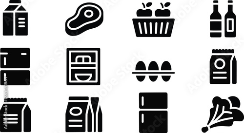 A set of black glyph icons illustrating common grocery store items and food products on a white surface
