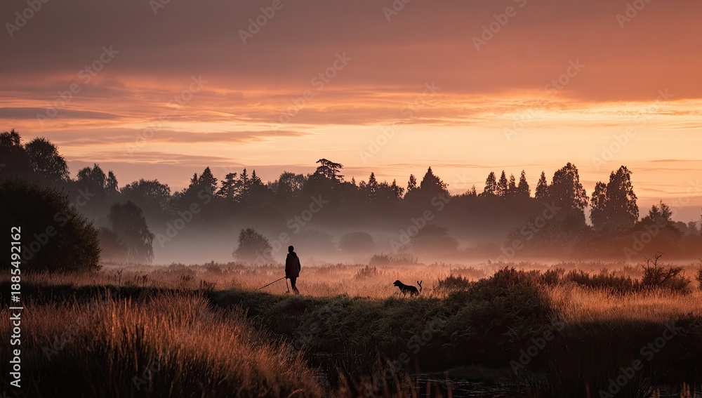 Fototapeta premium Person walks dog through misty landscape at sunrise with warm sky.