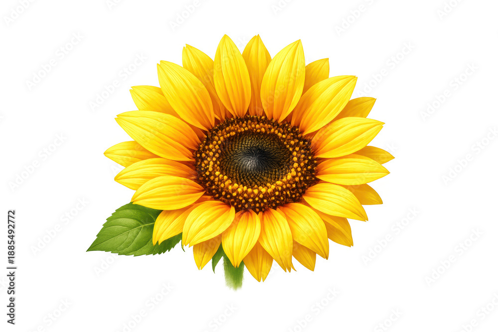 Obraz premium Sunflower blooming with yellow petals and green leaves, symbolizing summer, nature, and growth on transparent background