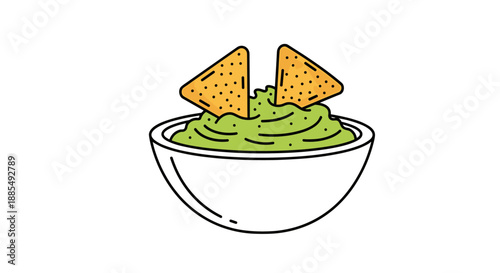 Colorful vector illustration of a white bowl filled with green guacamole dip and two yellow nacho chips sticking out of the top.