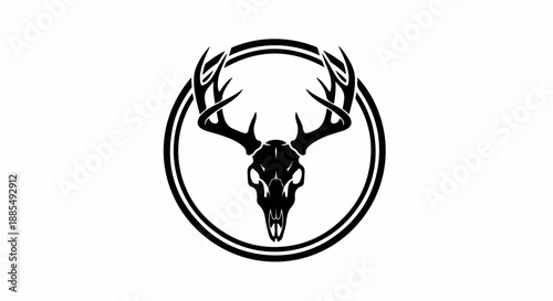 Black silhouette of a deer skull with antlers in a circular frame on a white background.