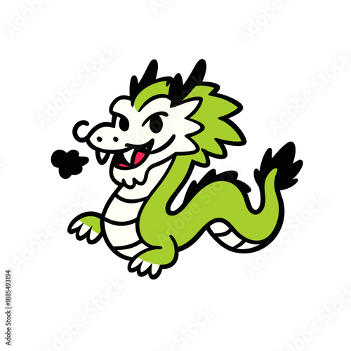 Whimsical green cartoon dragon exhaling puff of smoke fun, childrens illustrations, fantasy stories, and gaming designs. Dragon fantasy character.