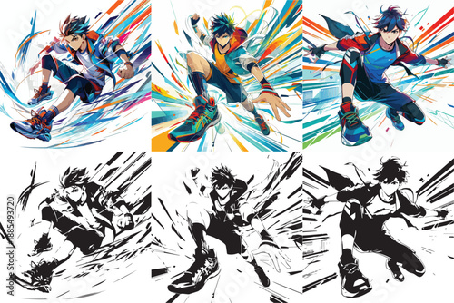 Vector set and silhouettes of energetic athletic anime characters on white background.