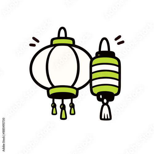 Two chinese lanterns in white, green, and black colors. Perfect for asianthemed designs, cultural celebrations, festive decorations, or event promotions.