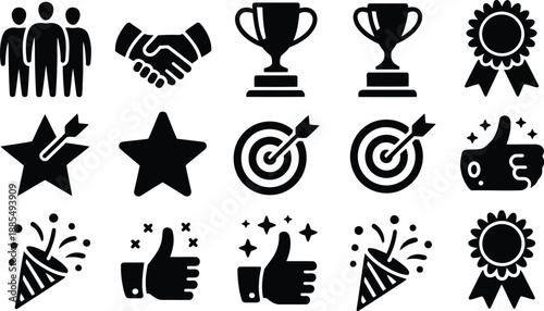 An extensive array of black iconography symbolizing business achievements, quality assurance, and celebratory events