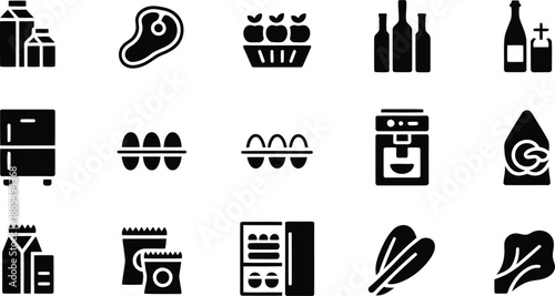 Assortment of black glyph icons illustrating various grocery items and kitchen essentials