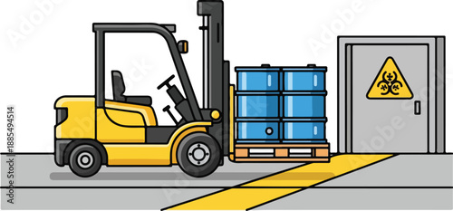 Forklift transporting hazardous materials pallet near industrial door with warning sign