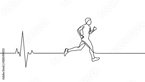 A minimalist line art illustration of a man running with a heartbeat line in the background