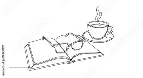 Open Book with Glasses and Coffee Cup.