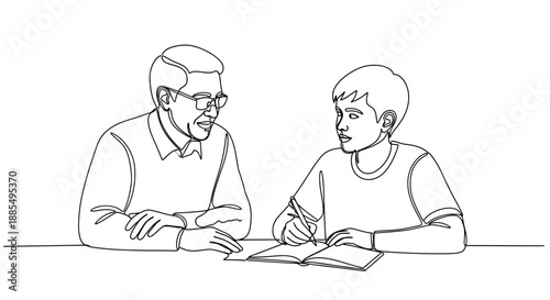 Two Men Discussing Over Open Notebook.