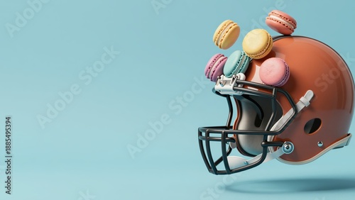 Leather football helmet filled with floating macarons on a saturated cyan backdrop, providing a commercial advertising aesthetic with a large sixty percent left-side space for trendy copy.