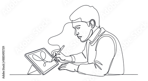 Man Drawing on Digital Tablet with Stylus.
