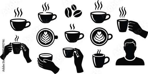 Black silhouettes showcase various coffee cups, steaming hot beverages, coffee beans, and people enjoying drinks