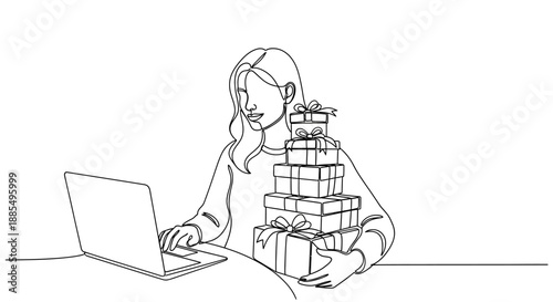 Woman Holding Stack of Gift Boxes Near Laptop.