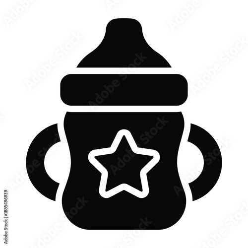 Solid black illustration of a baby feeder bottle. Bold glyph style suitable for infant care, parenting themes, childcare visuals, and early development content on white background.
