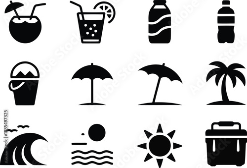 Collection of simple black silhouette icons representing summer beach vacation essentials and refreshing drinks