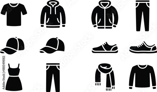 Diverse collection of black silhouette clothing and fashion accessory icons displayed on white