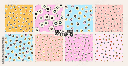 Playful seamless patterns with abstract dots and heart-like shapes in soft pastel colors. Vector set, collection. Modern decorative repeat backgrounds perfect for textiles, stationery, packaging