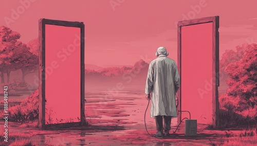 A solitary figure stands before a glowing portal in a surreal landscape.