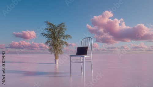 A chair with a laptop sits in a pastel landscape under a dreamy sky.