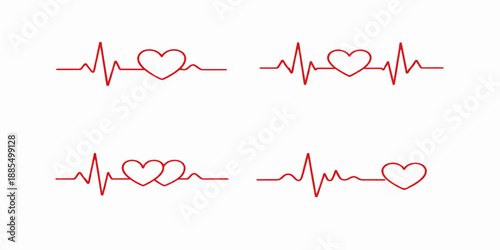 A red heart symbol on a white background features a healthy heartbeat line and medical cardiogram graph representing love, life, and cardiology healthcare in this vector illustration