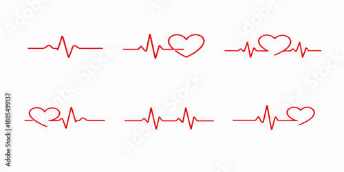 A medical vector illustration of a healthy red heart on a white background with a red heartbeat pulse line forming a cardiogram wave for healthcare and cardiology monitoring