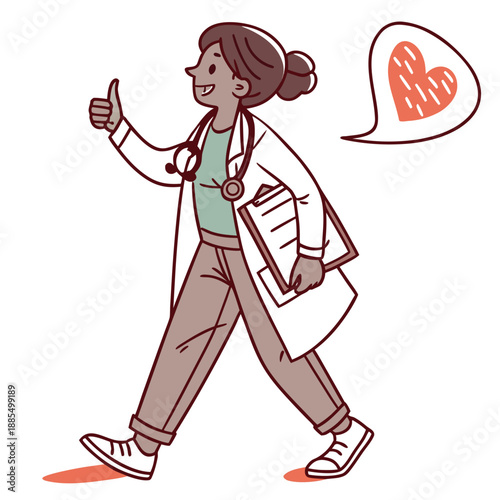 A female doctor walking with a clipboard and giving a thumbs up, conveying approval and confidence in her medical assessment.