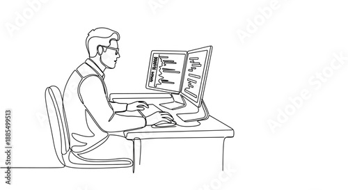 Man working on computer at desk illustration.