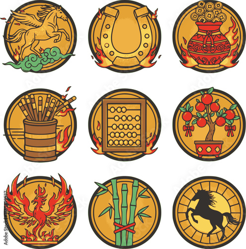 Professional 2026 Year of the Fire Horse fortune icons. Detailed vector set featuring wealth vases, lucky horseshoes, and abacus symbols. High-quality red and gold graphics on white.