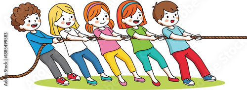Group of happy children playing tug of war together, teamwork and cooperation cartoon vector illustration isolated on white background for kids activity concept