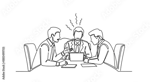 Three Men Discussing at Table with Stress.