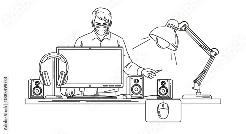 Man Working on Computer with Desk Lamp.