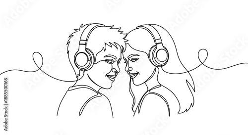 Man and Woman Wearing Headphones Facing.