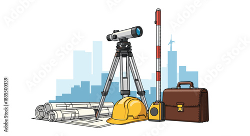 Collection of professional land surveying tools including a total station on a tripod helmet and technical drawings.