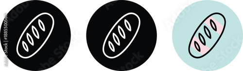 Bread loaf icon set in filled and outlined styles inside circular backgrounds isolated vector illustration design