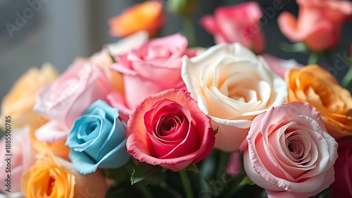 Vibrant bouquet of colorful roses against a soft floral background.