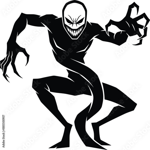 Creepy shadow monster silhouette with sharp claws and sinister grin isolated black vector illustration design horror fantasy character