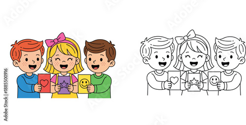 Happy children holding cards with heart star and smiley face, vector illustration with coloring page outline and colored version.