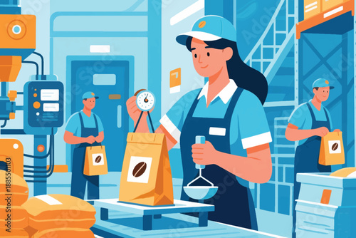 Illustration Of A Group Of Workers Wearing Uniforms Wrapping And Weighing A Coffee Product Vector Design Template