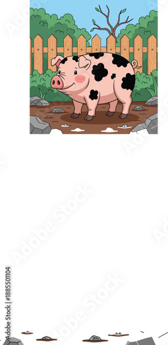 Cute cartoon pig standing in muddy farm yard with wooden fence, smiling farm animal vector illustration isolated for children education and agriculture concept