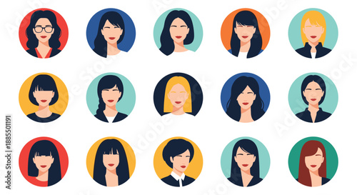Diverse collection of fifteen female avatars with different hairstyles and ethnicities in colorful circular frames.