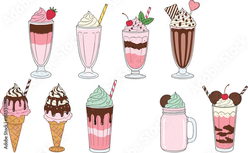 Milkshakes ice cream and dessert drinks collection with chocolate strawberry and vanilla flavors flat vector illustration