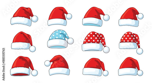 Selection of twelve different santa hats including classic red ones and versions with white polka dots or a light blue color scheme.